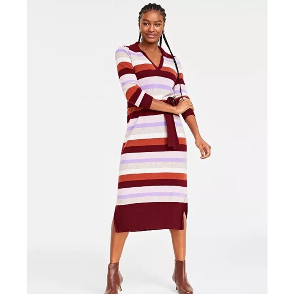 Charter Club 100% Cashmere Maroon MultiStriped Midi Polo‎ Sweater Dress Size PM